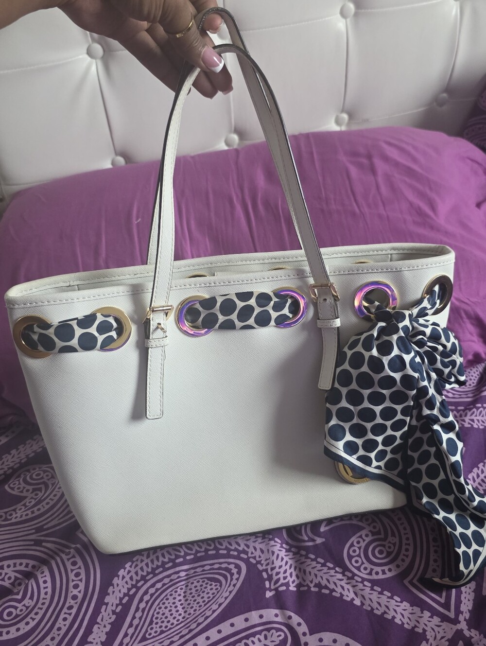 Michael Kors White Structured Tote Bag with Polka Dot Accent